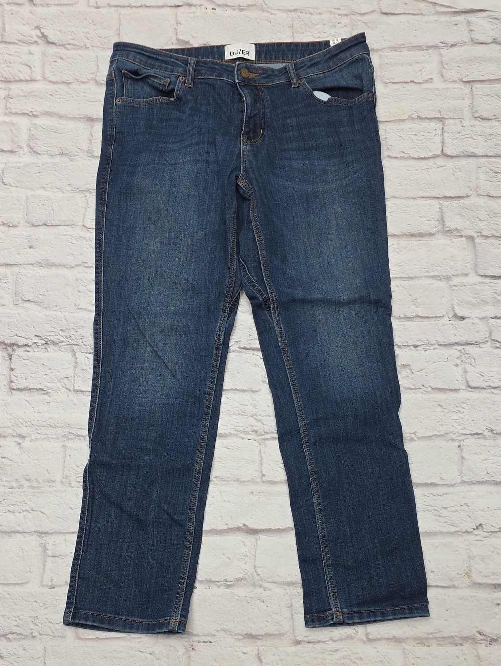 DU/ER Performance Jeans Womens Sz 36x29 Blue Denim Mid-Rise Straight Girlfriend